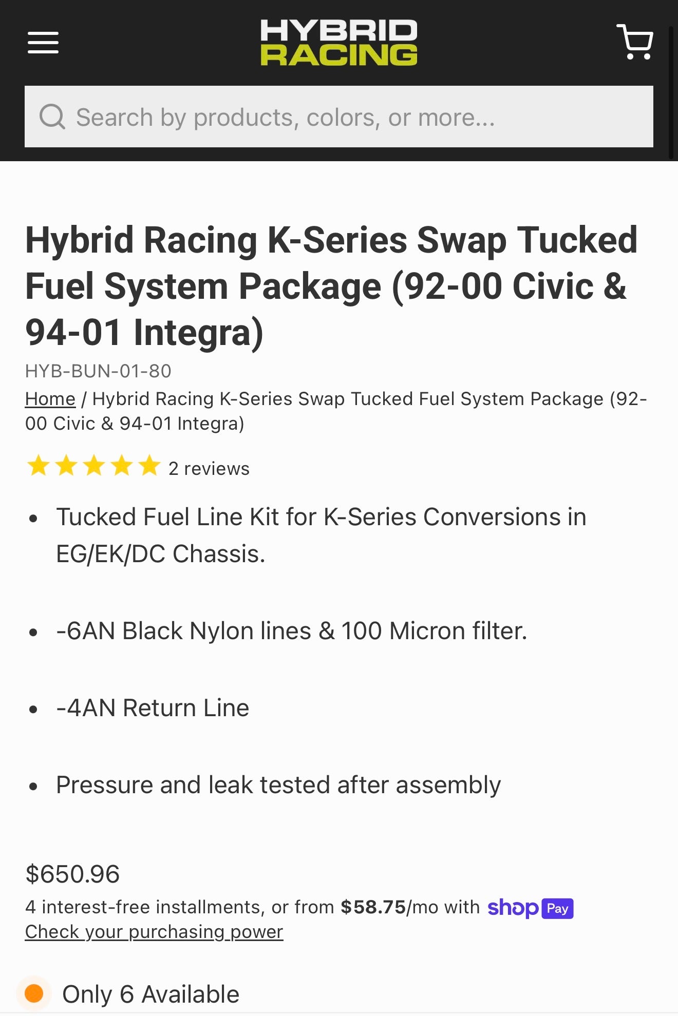 Tsm Used Parts Collection - Hybrid Racing K-Series Swap Tucked Fuel System Package (92-00 Civic & 94-01 Integra)