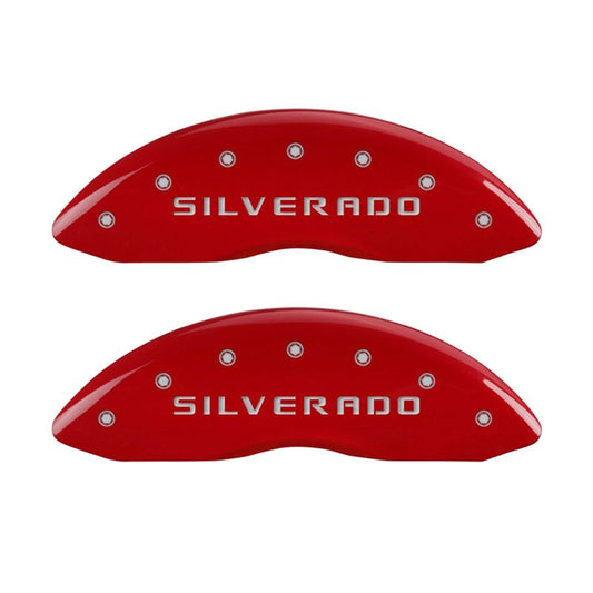 MGP Front set 2 Caliper Covers Engraved Front Silverado Red finish silver ch