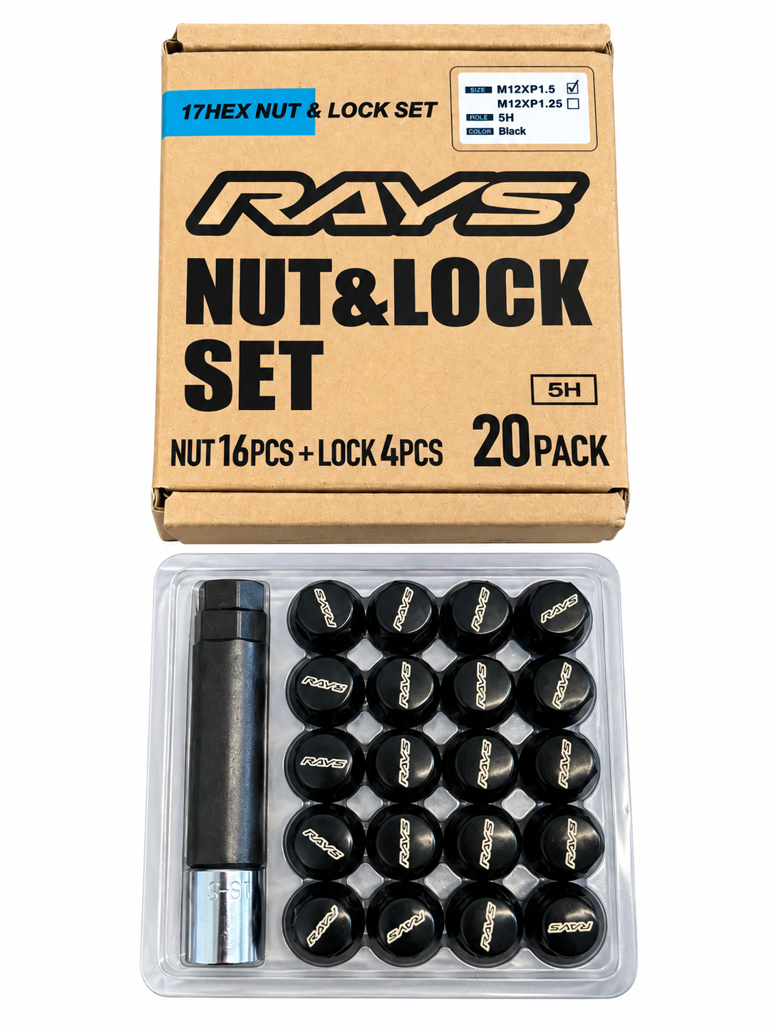 Rays M12x1.50 5 Hole 16pcs Nut 4pcs Lock Nut w/Adapter & Lock Nut Key - Black