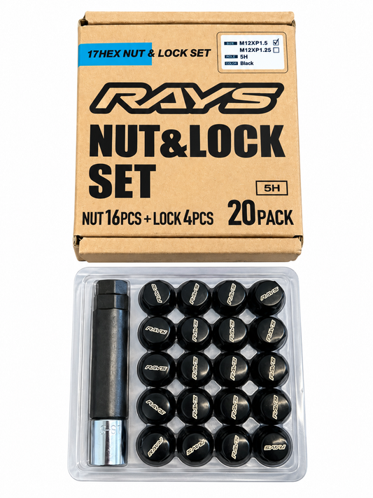 Rays M12x1.50 5 Hole 16pcs Nut 4pcs Lock Nut w/Adapter & Lock Nut Key - Black