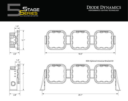 Diode Dynamics SS5 Pro Universal CrossLink 3-Pod Lightbar - Yellow Combo