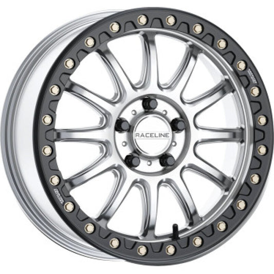Raceline A14SB Alpha 17x7in/5x114.3 BP/40mm Offset/68mm Bore - Silver & Blk Ring Beadlock Wheel