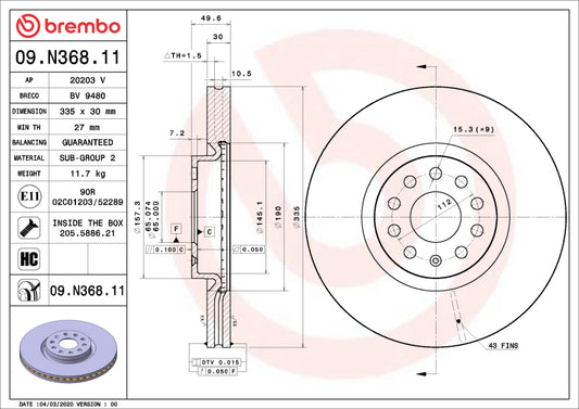 Brembo 21-22 Lexus ES250/19-22 Lexus ES300h/19-22 Lexus ES350/19-22 UX200 Front UV Coated Rotor