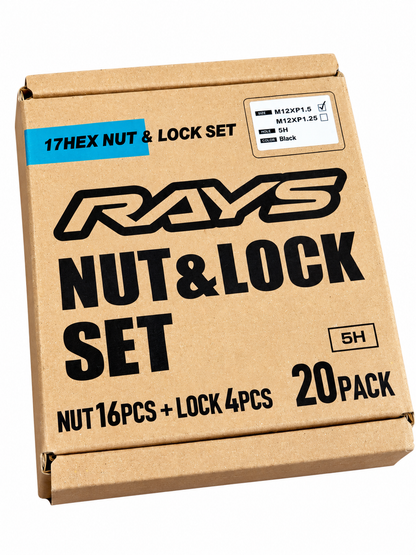 Rays M12x1.50 5 Hole 16pcs Nut 4pcs Lock Nut w/Adapter & Lock Nut Key - Black