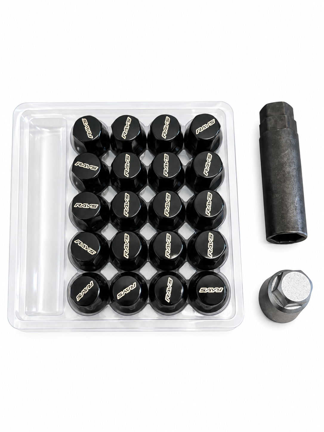 Rays M12x1.50 5 Hole 16pcs Nut 4pcs Lock Nut w/Adapter & Lock Nut Key - Black