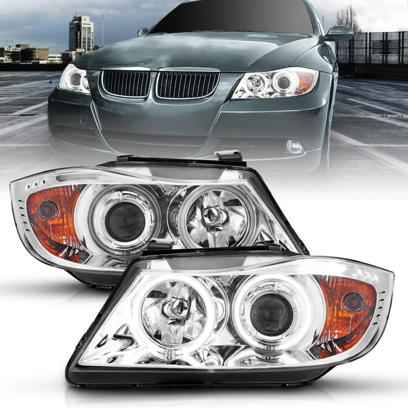 ANZO 2006-2008 BMW 3 Series E90-E91 Projector Headlights w/ Halo w/ LED Bar Chrome (CCFL)