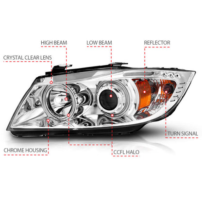 ANZO 2006-2008 BMW 3 Series E90-E91 Projector Headlights w/ Halo w/ LED Bar Chrome (CCFL)