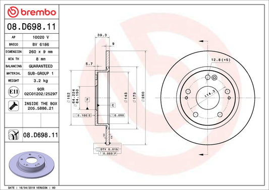 Brembo OE 16-24 Honda Civic/19-22 Insight UV Coated Brake Disc - Rear