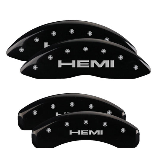 MGP 4 Caliper Covers Engraved Front & Rear 11-18 Jeep Grand Cherokee Black Finish Silver Hemi Logo