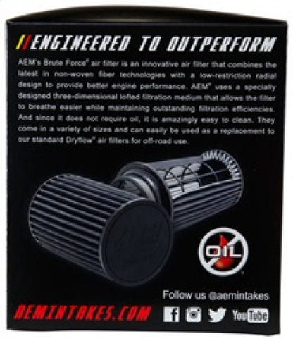 AEM Brute Force Dryflow Air Filter - Conical 6in Base OD / 5.125in Top OD / 5.25in Height