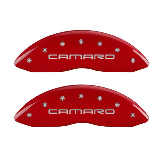 MGP 4 Caliper Covers Engraved Front Gen 4/Camaro Engraved Rear Gen 4/SS Red finish silver ch