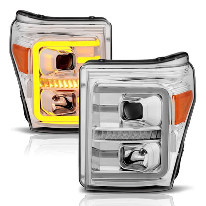 ANZO 11-16 Ford F-250/F-350/F-450 Projector Headlights w/ Plank Style Switchback Chrome w/Amber