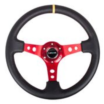 NRG - Reinforced Steering Wheel (350mm / 3in. Deep) Blk Leather w/Red Spokes & Sgl Yellow Center Mark
