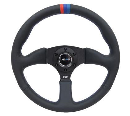 NRG - Reinforced Steering Wheel (350mm / 2.5in Deep) Blk Leather w/M3 stitch Matte Blk 3-Spoke Center
