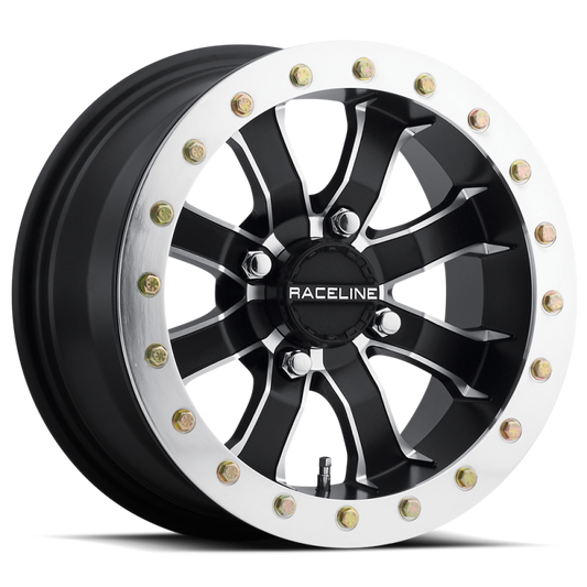 Raceline A71 Mamba 14x7in/4x156 BP/4+3 10mm Offset/132.5mm Bore - Blk & Machined Ring Beadlock Wheel