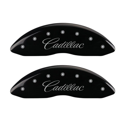 MGP 4 Caliper Covers Engraved Front Cursive/Cadillac Engraved Rear CTS Black finish silver ch