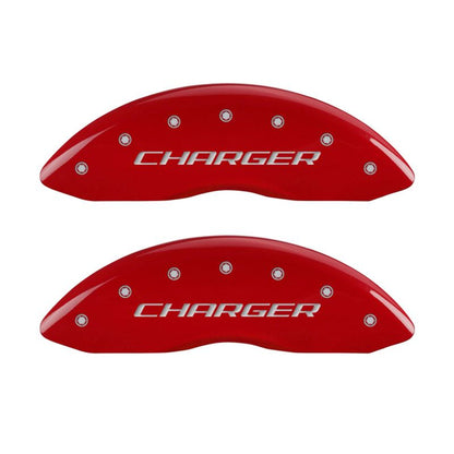 MGP 4 Caliper Covers Engraved Front & Rear Block/Charger Red finish silver ch