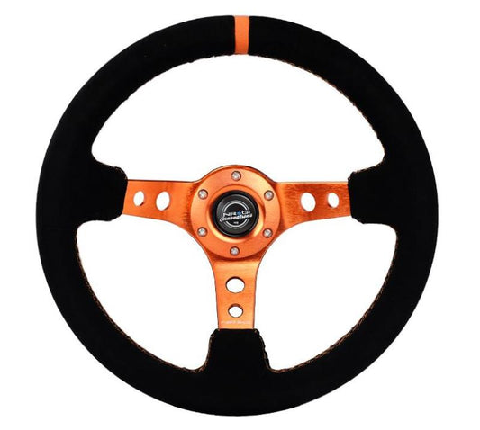 NRG Reinforced Steering Wheel (350mm/ 3in. Deep) Black Suede/ Orange Center Mark/ Orange Stitching