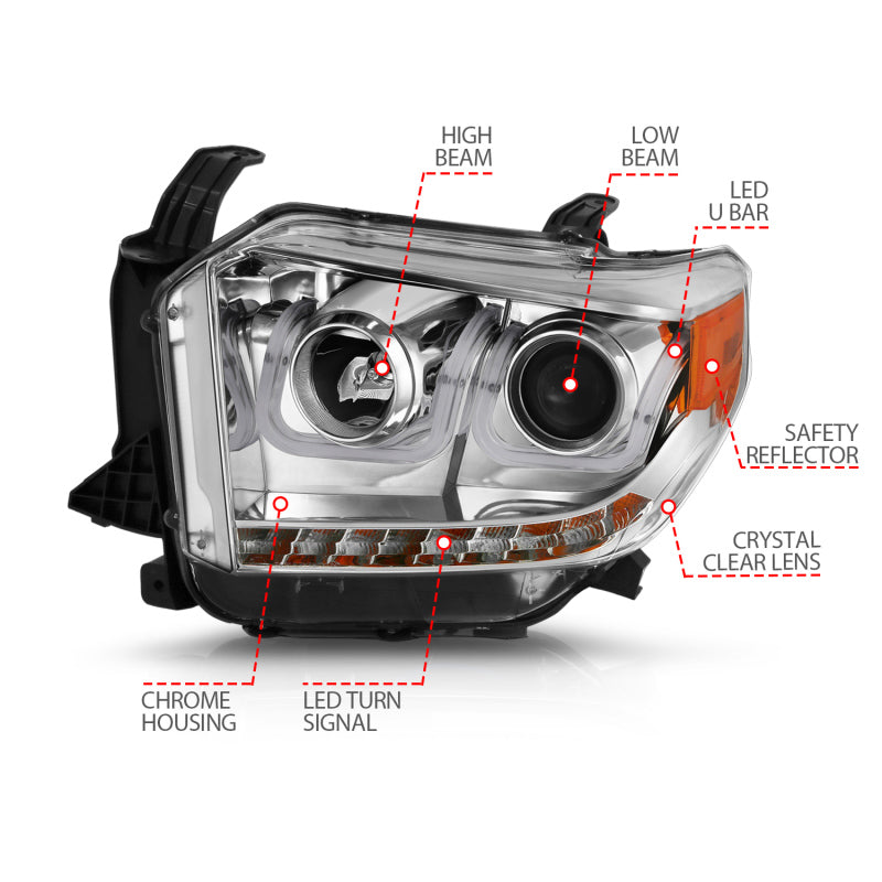 ANZO 2014-2015 Toyota Tundra Projector Headlights w/ U-Bar Chrome w/ DRL