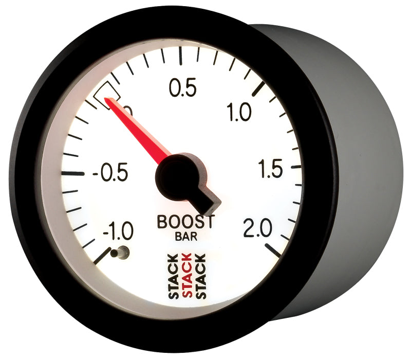 Autometer Stack 52mm -1 to +2 Bar T-Fitting 0.187in Barb (M) Mechanical Boost Pressure Gauge - White