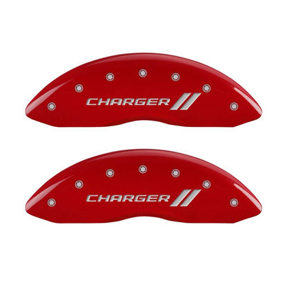 MGP 4 Caliper Covers Engraved Front & Rear With stripes/Charger Red finish silver ch