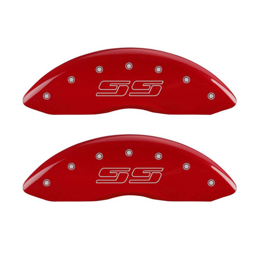 MGP 4 Caliper Covers Engraved Front & Rear Avalanche style/SS Red finish silver ch