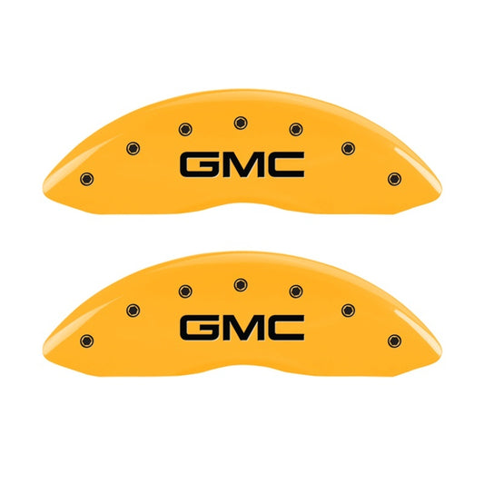 MGP Front set 2 Caliper Covers Engraved Front GMC Yellow finish black ch