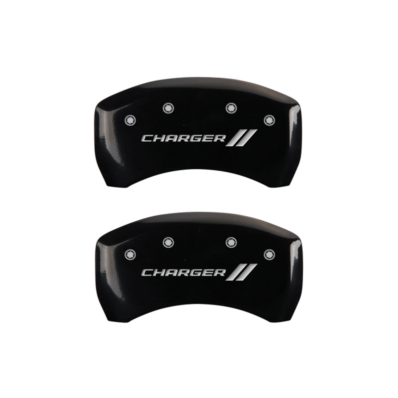 MGP 4 Caliper Covers Engraved Front & Rear With stripes/Charger Black finish silver ch