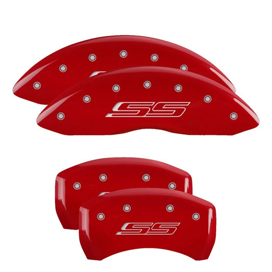 MGP 4 Caliper Covers Engraved Front & Rear Bowtie Red Finish Silver Char 2016 Chevrolet SS