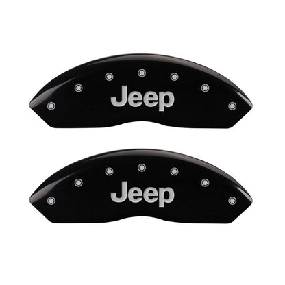 MGP 4 Caliper Covers Engraved Front JEEP Engraved Rear JEEP Grill logo Black finish silver ch