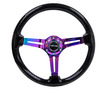 NRG - Reinforced Steering Wheel (350mm / 3in. Deep) Blk Wood w/Blk Matte Spoke/Neochrome Center Mark
