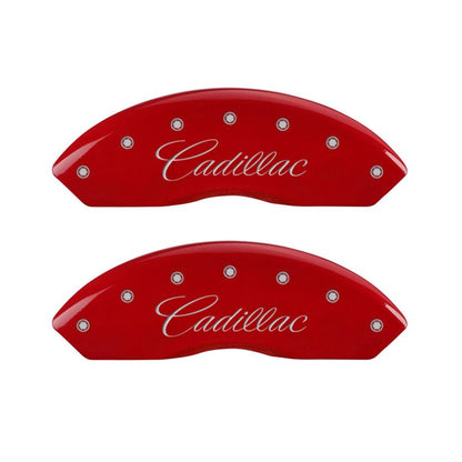 MGP 4 Caliper Covers Engraved Front Cursive/Cadillac Engraved Rear CTS Red finish silver ch