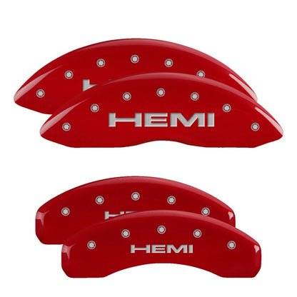 MGP 4 Caliper Covers Engraved Front HEMI Engraved Rear HEMI Logo Red Finish Silver Characters