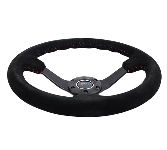 NRG Reinforced Steering Wheel (350mm / 3in. Deep) Blk Suede/Red BBall Stitch w/5mm Matte Blk Spokes