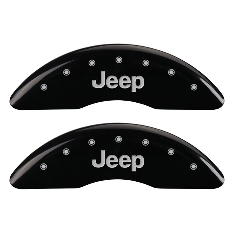 MGP 4 Caliper Covers Engraved Front JEEP Engraved Rear JEEP Grill logo Black finish silver ch