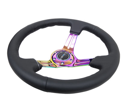 NRG Reinforced Steering Wheel (350mm / 3in. Deep) Blk Leather/Blk Stitch w/Neochrome Slits