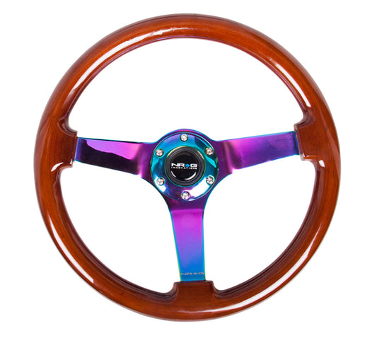 NRG Reinforced Steering Wheel (350mm / 3in. Deep) Classic Dark Wood w/4mm Neochrome Solid 3-Spoke