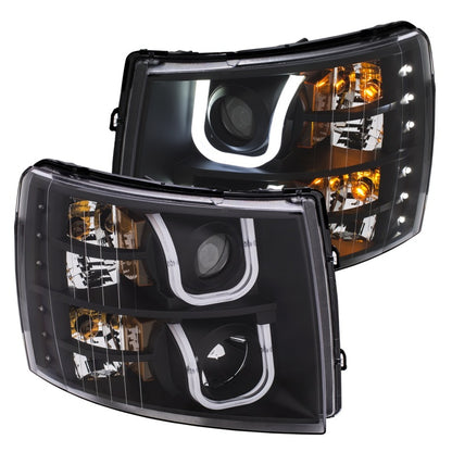 ANZO 2007-2013 Chevrolet Silverado 1500/2500 Projector Headlights w/ U-Bar Switchback Black w/ Amber