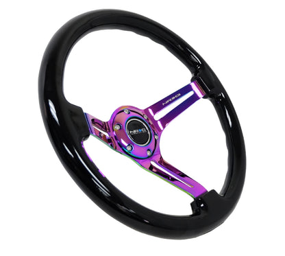 NRG Reinforced Steering Wheel (350mm / 3in. Deep) Blk Wood w/Blk Matte Spoke/Neochrome Center Mark