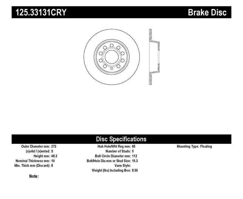 Stoptech 10-13 VW Golf/GTI/Jetta w/ 272mm Rear Disc Rear Premium High Carbon Cryo Brake Rotor