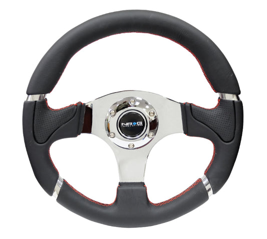 NRG Reinforced Steering Wheel (320mm) Blk Leather/Red Stitching w/Chrome 3-Spoke Center