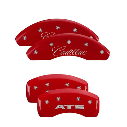 MGP 4 Caliper Covers Engraved Front Cursive/Cadillac Engraved Rear CTS Red finish silver ch