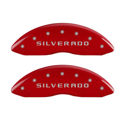 MGP Front set 2 Caliper Covers Engraved Front Silverado Red finish silver ch