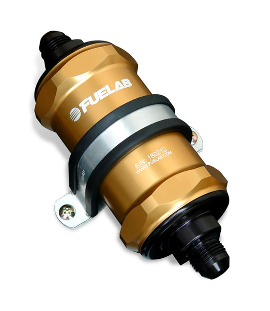 Fuelab 848 In-Line Fuel Filter Standard -6AN In/Out 6 Micron Fiberglass w/Check Valve - Gold