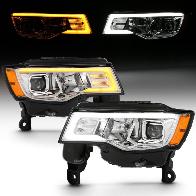 ANZO 2017-2018 Jeep Grand Cherokee Projector Headlights w/ Plank Style Switchback - Chrome w/ Amber