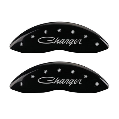 MGP 4 Caliper Covers Engraved Front & Rear Cursive/Charger Black finish silver ch