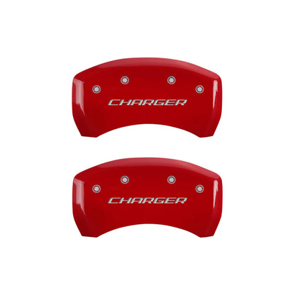 MGP 4 Caliper Covers Engraved Front & Rear Block/Charger Red finish silver ch