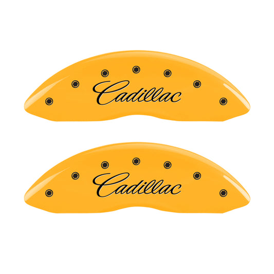 MGP 4 Caliper Covers Engraved Front Cursive/Cadillac Engraved Rear CTS4 Yellow finish black ch