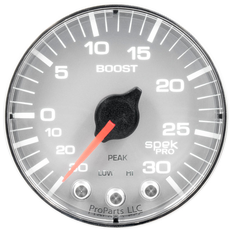 Autometer Spek-Pro Gauge Vac/Boost 2 1/16in 30Inhg-30psi Stepper Motor W/Peak & WarnSilver/Chrome