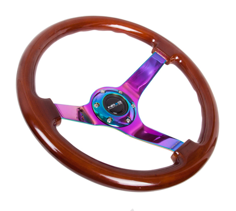 NRG Reinforced Steering Wheel (350mm / 3in. Deep) Classic Dark Wood w/4mm Neochrome Solid 3-Spoke